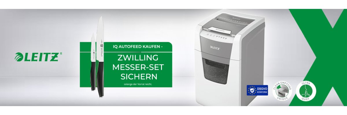 Leitz IQ AUTOFEED kaufen - Zwilling Messer-Set sichern - Leitz Small Office Aktenvernichter mit gratis Geschenk