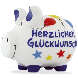 Spardose Schwein "Herzlichen Glückwunsch" - weiß, mittel