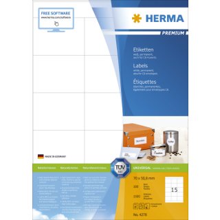 HERMA Etiketten Premium, weiß 70x50,8 mm Papier matt 1500 St.