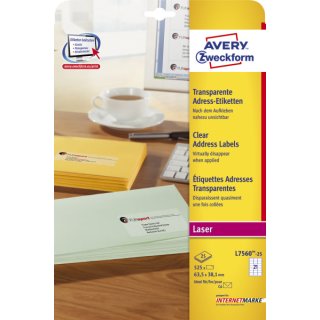 Avery Zweckform® L7560-25 Adress-Etiketten, 63,5 x 38,1 mm, Geeignet für Deutsche Post INTERNETMARKE, 25 Blatt/525 Etiketten, transparent