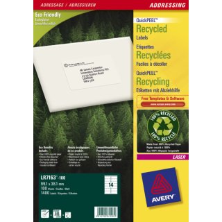Avery Zweckform® LR7163-100 Recycling Adress-Etiketten, 99,1 x 38,1 mm, 100 Blatt/1.400 Etiketten, weiß