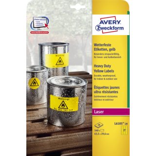 Avery Zweckform® L6105-20 Wetterfeste Folien-Etiketten, 63,5 x 29,6 mm, wetterfest, 20 Blatt/540 Etiketten, gelb