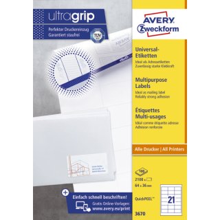 Avery Zweckform® 3670 Universal-Etiketten, 64 x 36 mm, 100 Blatt/2.100 Etiketten, weiß