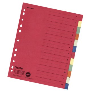 Zahlenregister - 1-12, Karton farbig, A4, 6 Farben, gelocht mit Orgadruck