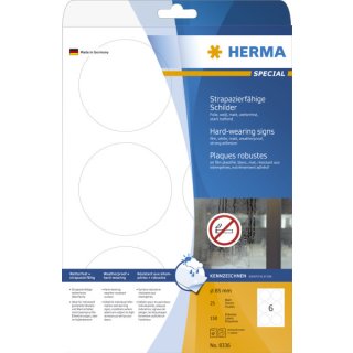 Herma Schilder strapazierfähig A4 85 mm rund weiß stark haftend Folie matt wetterfest 150 St.