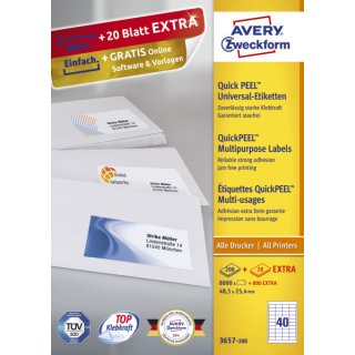 Avery Zweckform® 3657-200 Universal-Etiketten, 48,5 x 25,4 mm, 200 Blatt/8.000 Etiketten, weiß