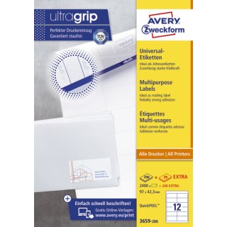 Avery Zweckform® 3659-200 Universal-Etiketten, 97 x 42,3 mm, Geeignet für Deutsche Post INTERNETMARKE, 200 Blatt/2.400 Etiketten, weiß