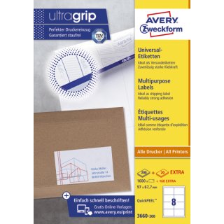 Avery Zweckform® 3660-200 Universal-Etiketten, 97 x 67,7 mm, Geeignet für Deutsche Post INTERNETMARKE, 200 Blatt/1.600 Etiketten, weiß