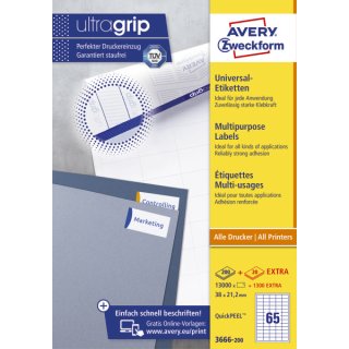 Avery Zweckform® 3666-200 Universal-Etiketten, 38 x 21,2 mm, 200 Blatt/13.000 Etiketten, weiß