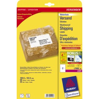 Avery Zweckform® L7996-25 Versand-Etiketten, 199,6 x 143,5 mm, 25 Blatt/50 Etiketten, weiß