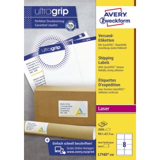 Avery Zweckform® L7165-250 Versand-Etiketten, 99,1 x 67,7 mm, Geeignet für Deutsche Post INTERNETMARKE, 250 Blatt/2.000 Etiketten, weiß