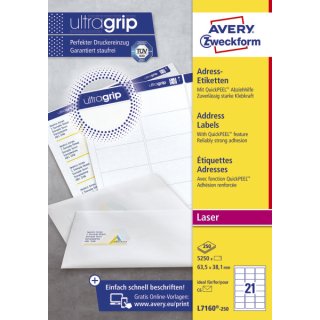 Avery Zweckform® L7160-250 Adress-Etiketten, 63,5 x 38,1 mm, Geeignet für Deutsche Post INTERNETMARKE, 250 Blatt/5.250 Etiketten, weiß