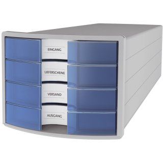 Schubladenbox IMPULS-A4/C4,4 geschlossene Schubladen,lichtgrau/transluzent-blau