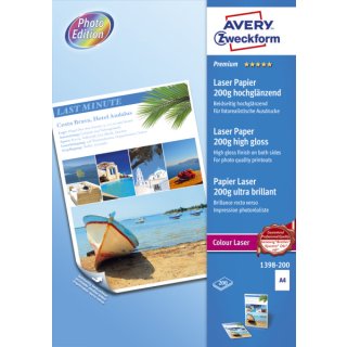 Avery Zweckform® 1398-200 Premium Colour Laser Papier, DIN A4, beidseitig beschichtet - hochglänzend, 200 g/qm, 200 Blatt