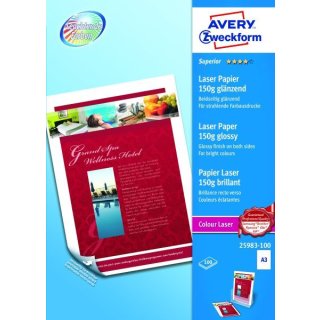 Avery Zweckform® 25983-100 Superior Colour Laser Papier, DIN A3, beidseitig beschichtet - glänzend, 150 g/m², 100 Blatt