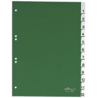 Zahlenregister - Hartfolie, 1-12 + Jan.-Dez., grün, A4, 12 Blatt