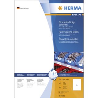 Herma Strapazierf&auml;hige Etiketten wei&szlig; 210x297 mm extrem stark haftend Folie matt 100 St.