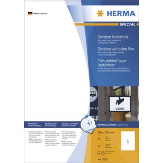 Herma Strapazierf&auml;hige Etiketten wei&szlig; 210x297 mm extrem stark haftend Folie matt 50 St.