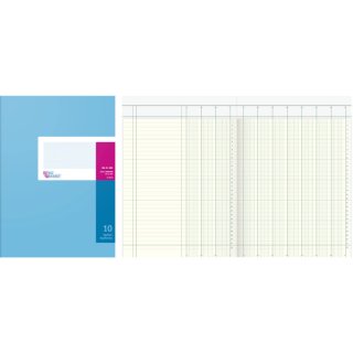 Spaltenbuch Kopfleisten-Ausführung-A4, 10 Spalten, 40 Blatt, Schema über 2 Seite