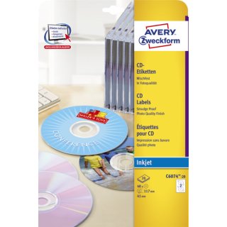 Avery Zweckform® C6074-20 CD-Etiketten ClassicSize, 117 mm, 20 Blatt/40 Etiketten, weiß