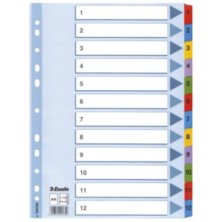 Zahlenregister - 1-12, Karton, A4, 12 Blatt, weiß, farbige Taben