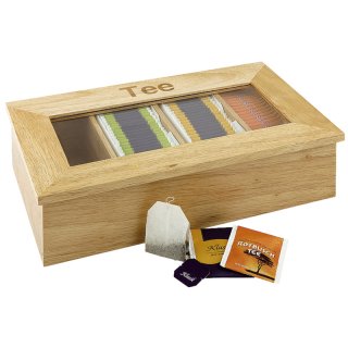 TEEBOX mit 4 Fächern, Aufschrift Tee, aus hellem Holz, mit Sichtfenster
