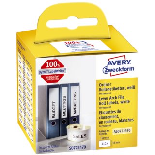 Avery Zweckform® AS0722470 Rollenetiketten, 38 x 190 mm, für Dymo® LabelWriter, 1 Rolle/110 Etiketten, weiß