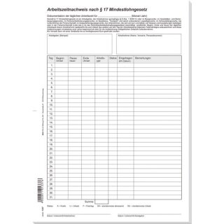 Arbeitszeitnachweis nach § 17 Mindestlohngesetz, Block, 24 Blatt, DIN A4