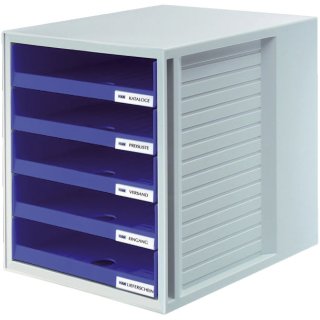 Schublabdenbox SCHRANK-SET - A4/C4, 5 offene Schubladen, lichtgrau/blau