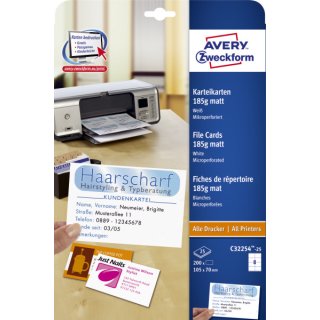 Avery Zweckform® C32254-25 Karteikarten, 105 x 70 mm, beidseitig beschichtet - matt, 25 Blatt/200 Karten