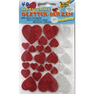 Moosgummi Glitter Sticker - 40 Herzen sortiert, selbstklebend