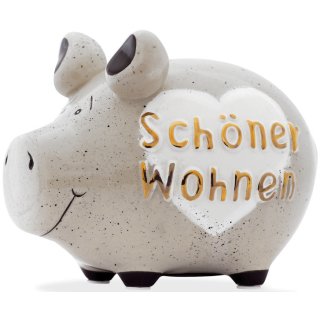 Spardose Schwein "Schöner Wohnen" - Keramik, Gold-Edition, klein