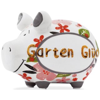 Spardose Schwein "Gartenglück" - Keramik, Gold-Edition, klein