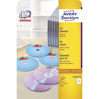 Avery Zweckform® L7676-25 CD-Etiketten SuperSize, 117 mm, blickdicht, 25 Blatt/50 Etiketten, weiß