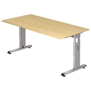 Schreibtisch C-Fuß - 160 x 65-85 x 80 cm, höhenverstellbar, Ahorn/Silber