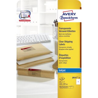 Avery Zweckform® J8567-25 Versand-Etiketten, 210 x 297 mm, 25 Blatt/25 Etiketten, transparent