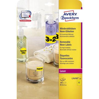 Avery Zweckform® L7670Y-25 Etiketten in Sonderfarben, 63,5 mm, 25 Blatt/300 Etiketten, neongelb