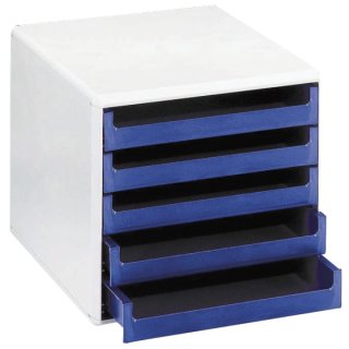 Schubladenboxen - A4, 5 offene Schubladen, hellgrau/blau