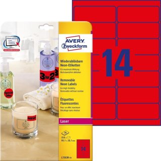 Avery Zweckform® L7263R-25 Etiketten in Sonderfarben, 99,1 x 38,1 mm, 25 Blatt/350 Etiketten, neonrot