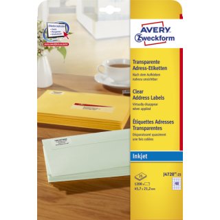 Avery Zweckform® J4720-25 Adress-Etiketten, 45,7 x 21,2 mm, 25 Blatt/1.200 Etiketten, transparent