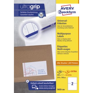 Avery Zweckform® 3655-200 Universal-Etiketten, 210 x 148 mm, Geeignet für DHL Online Frankierung, 200 Blatt/400 Etiketten, weiß