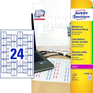 Avery Zweckform® L7950-20 Etiketten zur Kabelbeschriftung, 60 x 40 mm, strapazierfähig, 20 Blatt/480 Etiketten, weiß