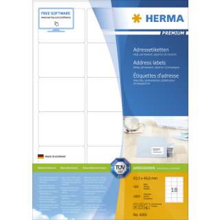 Herma Adressetiketten Premium A4, weiß 63,5x46,6 mm Papier matt 1800 St.