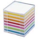 Notizbox glasklar - 9,5x9,5x9,5cm, Papier: weiß / bunt, ca. 700 Blatt