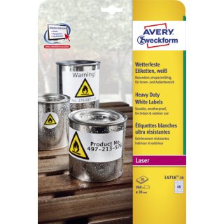 Avery Zweckform® L4716-20 Wetterfeste Folien-Etiketten, 30 mm, wetterfest, 20 Blatt/960 Etiketten, weiß