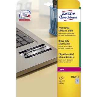 Avery Zweckform® L6129-20 Typenschild-Etiketten, 30 mm, wetterfest, 20 Blatt/960 Etiketten, silber