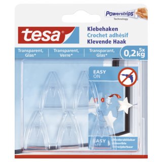 Tesa® Klebehaken für transparente Oberflächen und Glas (1kg), Packung mit 5 Haken