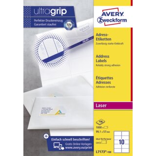 Avery Zweckform® L7173-100 Adress-Etiketten, 99,1 x 57 mm, Geeignet für Deutsche Post INTERNETMARKE, 100 Blatt/1.000 Etiketten, weiß